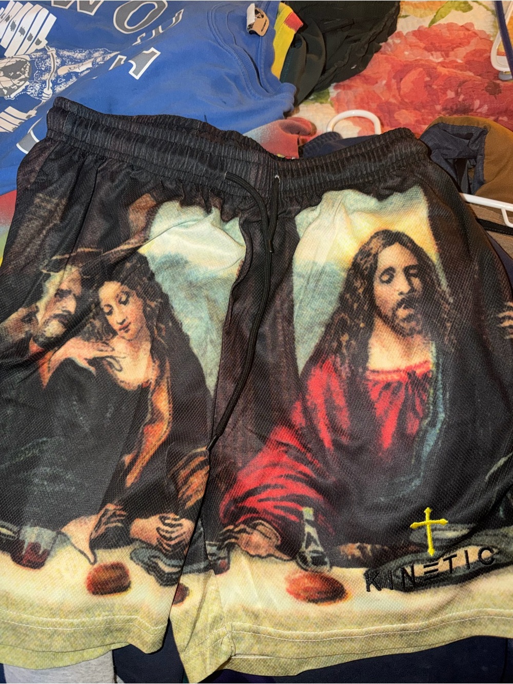 KINETIC Black Graphic Men’s Shorts with Religious Print